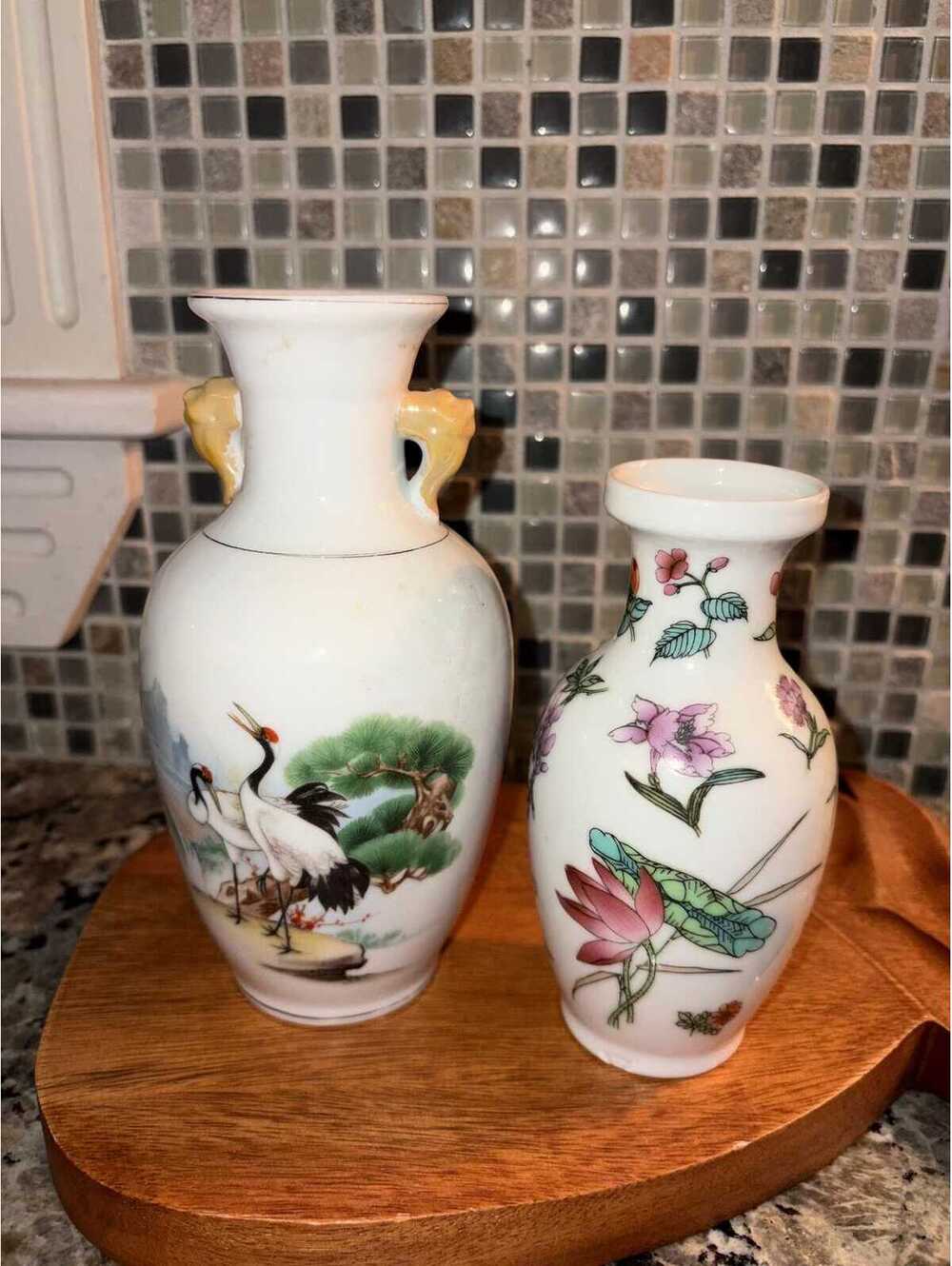 2 vintage Chinese porcelain vase featuring hand-painted cranes and pine trees.